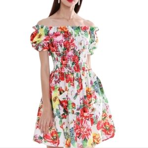 DRESS L BOHEMIAN SMOCKED RED FLORAL MIDI DRESS